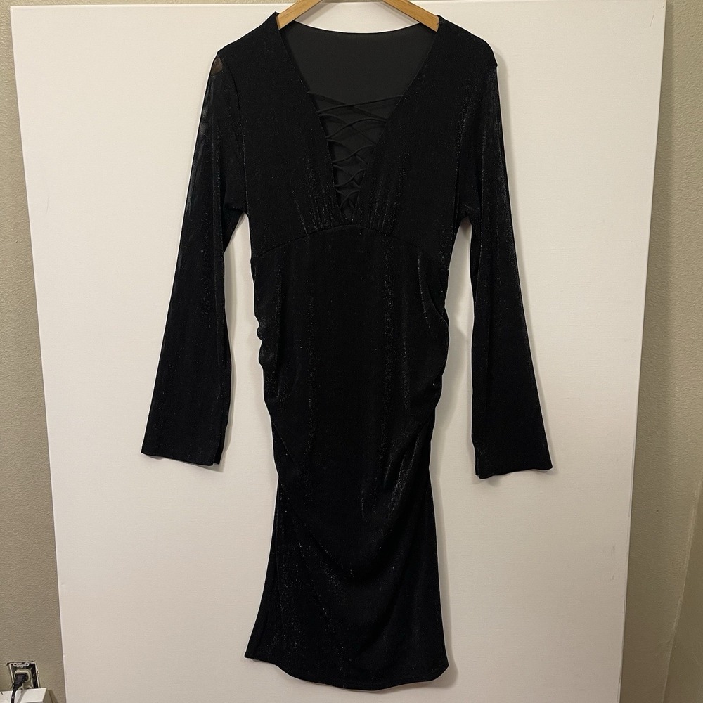 SHEIN Sparkle Bodycon Midi Dress Cross Chest Ruching Flare Sleeve Glam Goth Sz L